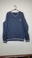 BOSS Hugo Boss Sweater Mens XL Navy V Neck Pullover Tipped Trim Embroidered