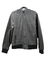 Tony Hawk L Hooded Fleece Jacket/Coat Gray Faux Leather Black Sleeves 2 Pockets
