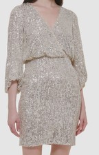 Eliza J Womens' Silver Sequined Surplice V-Neck Blouson Dress Petite Size 4P