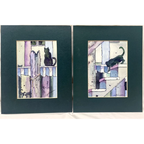 2 signed Val Persoon Cat Prints - Fish for Dinner I & II