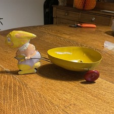 Vintage 1940s J Chein  Type  Easter Bunny Pulling Egg Cart Tin Toy