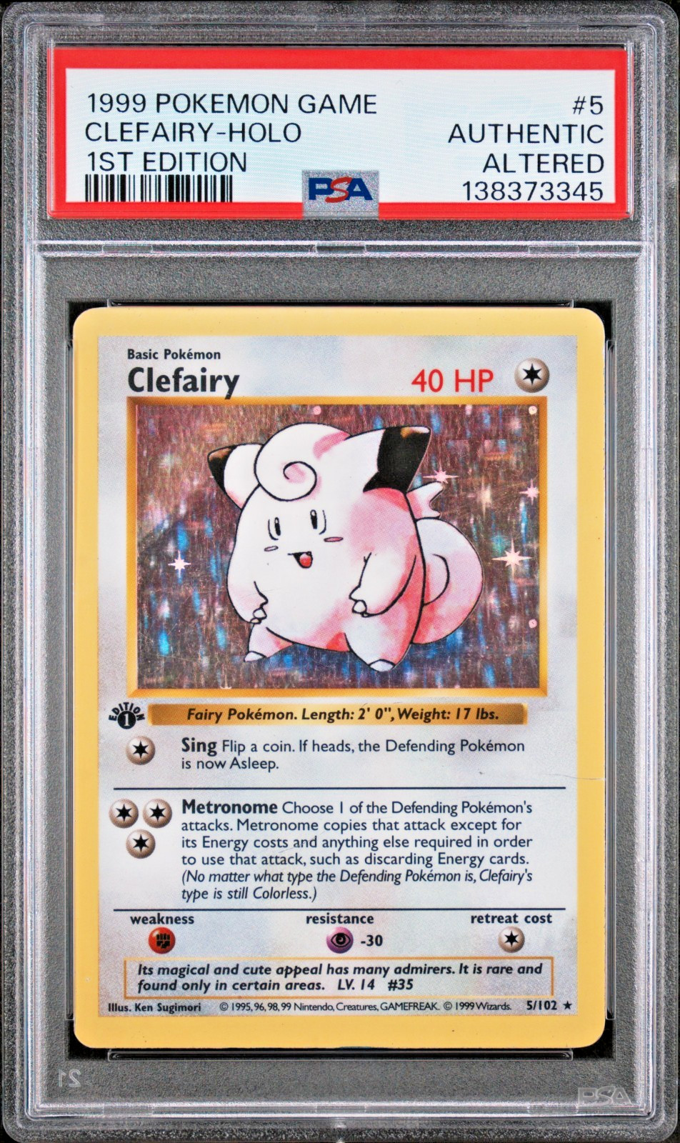 PSA AuthAlt 1ST EDITION 1999 Base Set Shadowless Clefairy 5/102 Holo Pokemon