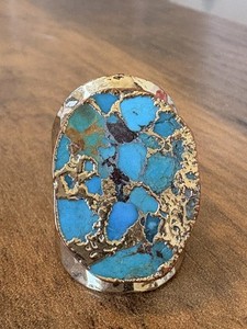 Native American Indian Tribal Country Navajo Turquoise Gold Cocktail Ring 8