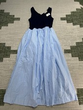 Loft Midi Pocket Dress Womens 4 Blue Cotton Mixed Media Striped V Neck Party New