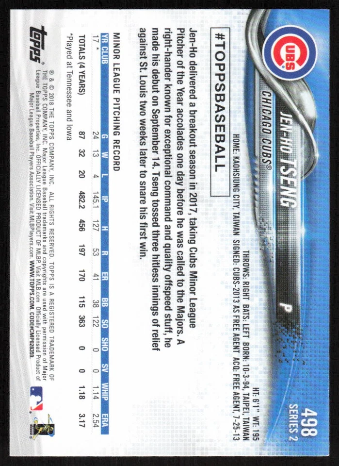 (5) CARD LOT - 2018 Topps  #498 Jen-Ho Tseng RC - Image 2 of 2