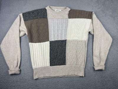 Orvis Sweater Mens Large Beige Brown Patchwork Cable Knit Cotton Crewneck Aran