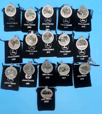 Lot of 16 John Deere Pewter Christmas Ornaments Black Cloth Bags 2004 thru 2019