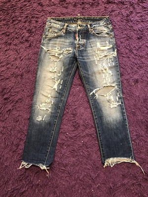 Dsquared2 Skater Jeans Womens 38 Blue Distressed Slim Fit Patch Made Italy Denim