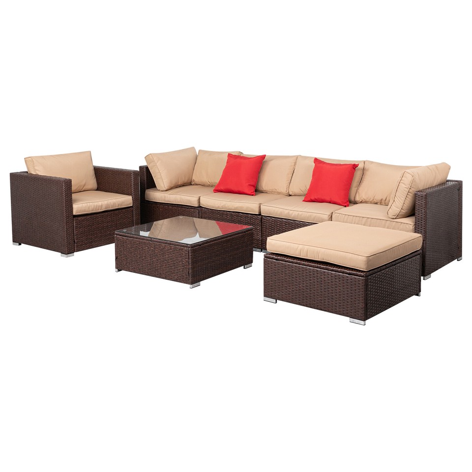 7 Piece Outdoor Patio Furniture Set Wicker Rattan Corner Sofa Cushions