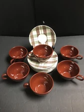 (6) Sets of Old Homer Laughlin Dura Print Green Brown Plaid Cups Saucers + Bonus