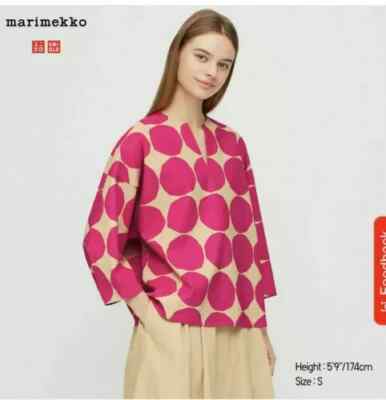 NEW Uniqlo Marimekko Pink Polka Dot V-neck 3/4 Sleeve Shirt Top Linen Bld S NWT