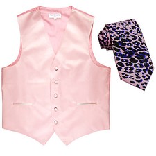 New Men's Formal Vest Tuxedo Waistcoat light pink pink leopard tie prom wedding
