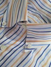 Holland Sherry Savile Row London White yellow blue stripe dress shirt 16 1/2