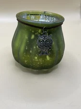 Round Green Tea Light Candle Holder W/ owl charm- Candle ￼Not Included