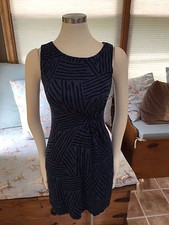 Ann Taylor Loft Blue Black Mod Linear Sheath Dress Small Petite Excellent