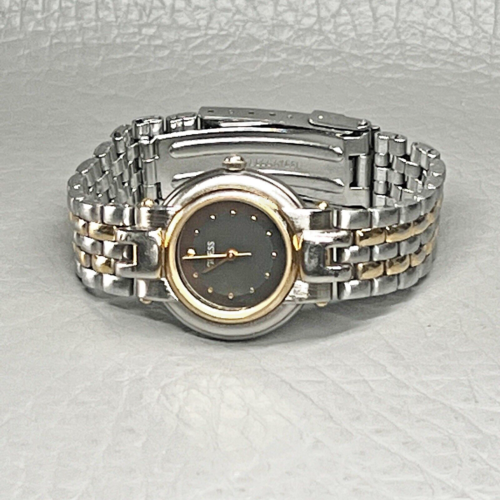 Vintage Guess Watch Women Small 5.5" Band Two Tone Silver Gold Round Black 24mm - Picture 1 of 16