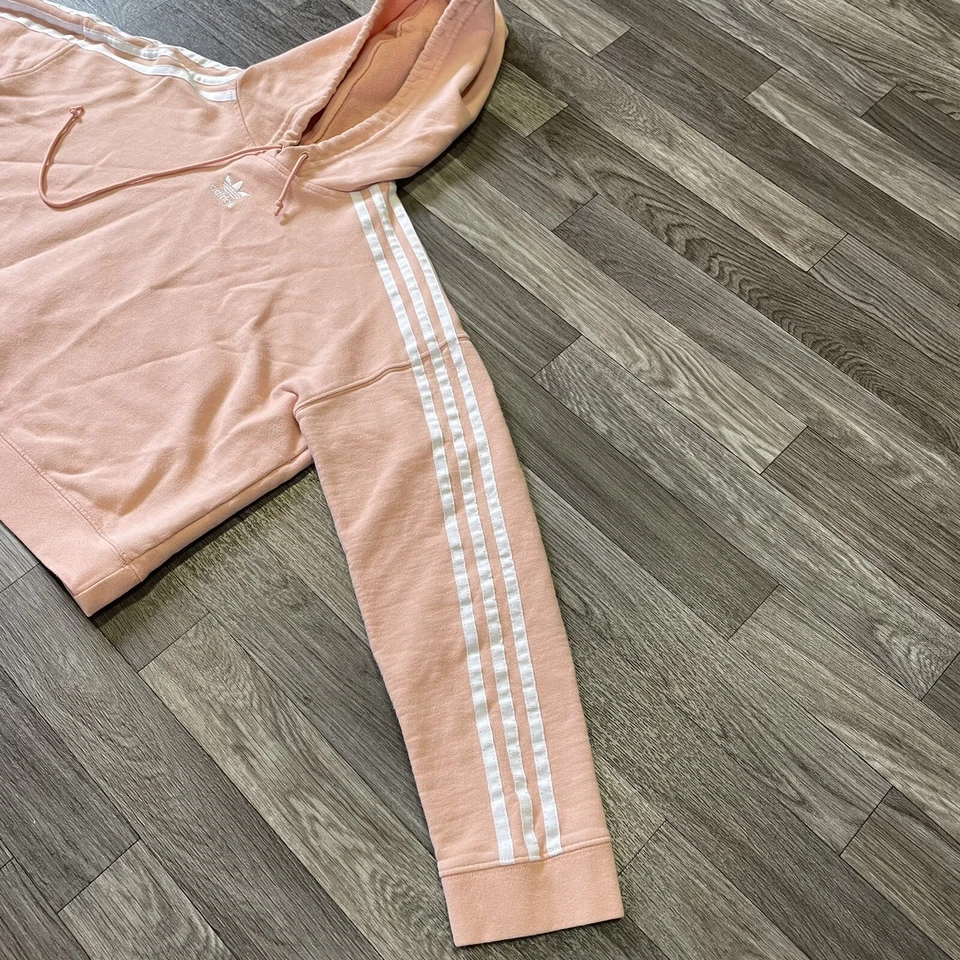 Adidas Cropped Hoodie Sweatshirt Women’s Small Pink White Trefoil Logo 3 Stripes - Image 4 of 4