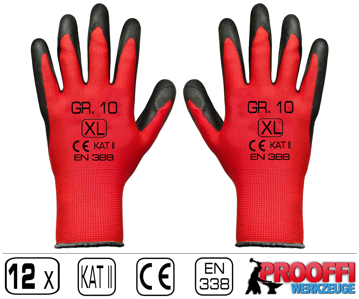 12 Paar Arbeitshandschuhe Montage Werkstatt Handschuhe LATEX ROT Rau Gr. 10 / XL