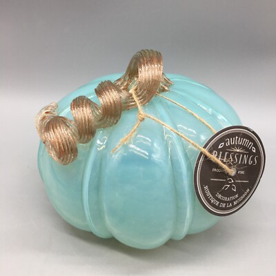 Autumn Blessings Milky Blue Blown Glass Pumpkin Amber Curly Stem Fall Decor 6 
