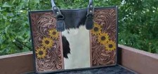Western Hand Tooled Leather- Western Cowhide Top Handle Large Tote - Genuine Lea