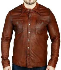 Leather Stylish Men's Shirt Brown Handmade Lambskin Real Soft Party Casual Wear