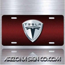 TESLA Inspired Art on Simulated Red Carbon Fiber Aluminum License Plate Tag