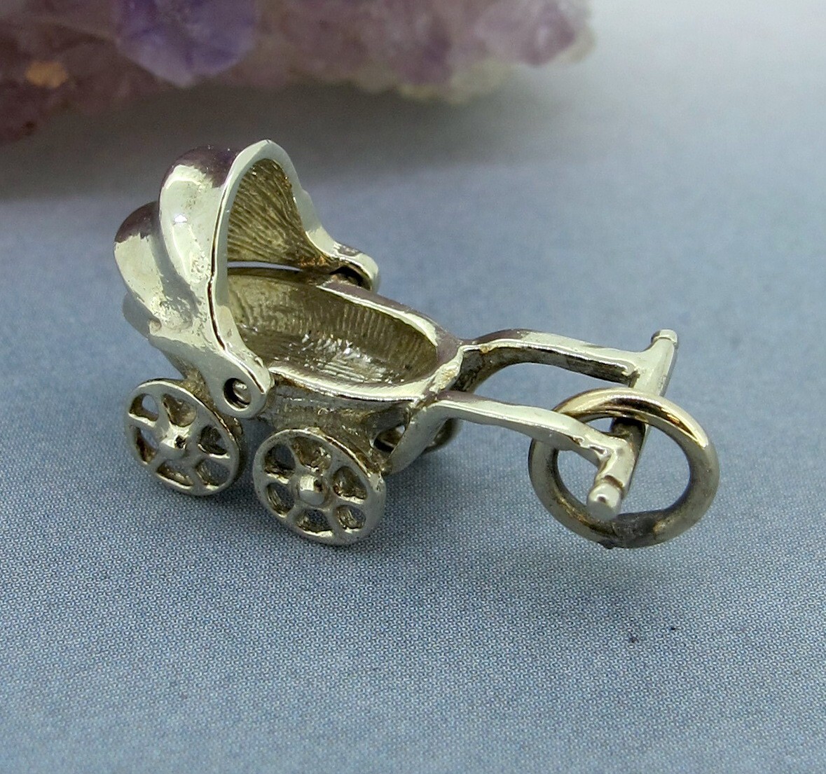 Vintage RQC 14k White Gold 3D Moveable Shade Baby Carriage / Stroller Charm