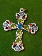 Vintage Pewter Silver Cross Gem color Rhinestone Ornate Pendant 3d 32
