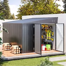 Lean to Garden Storage Shed Outdoor Metal Tool House w/ Lockable Door Multi-size