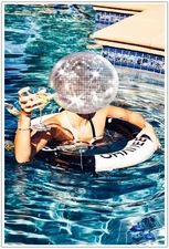 Retro Disco Ball by the Pool Poster Colorful Summer Wall Art Stylish Home Decor