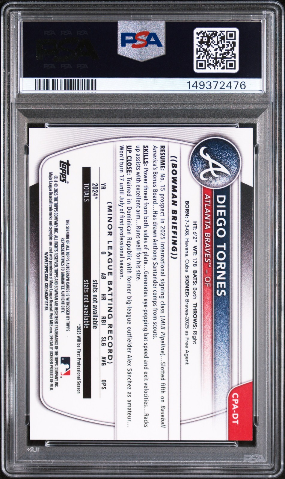 2025 BOWMAN CHROME PROSPECT AUTO RED REFRACTOR #CPADT DIEGO TORNES 5/5 PSA 8 view 2