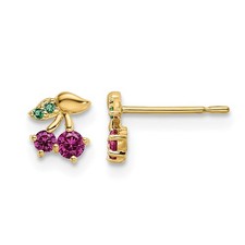 Real 14k Yellow Gold 6.3x5.5mm Madi K Red CZ and Green Glass Cherry Earrings