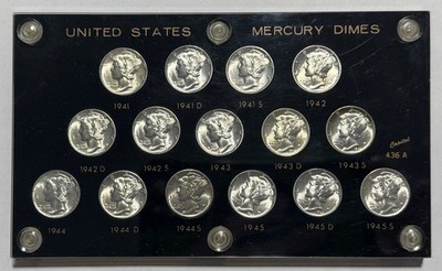 1941 to 1945 PDS Mercury Dime 15 Coin Short Set GEM BU In Capital Plastic RZNNQ