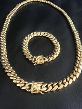 Men's Miami Cuban Link Bracelet&Chain Combo Set 14K Gold Plated Stainless Steel