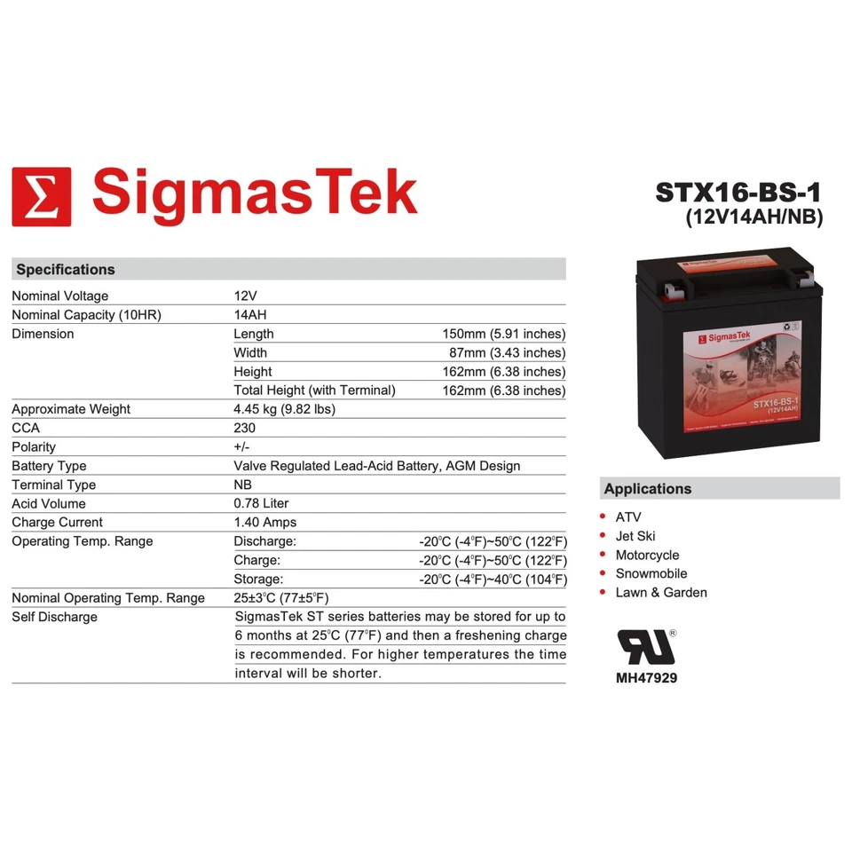 SigmasTek STX16-BS-1 Battery Replaces Suzuki 750CC VS750GLP Intruder, 1988-'91 Foto 3 de 4