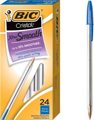 BIC Cristal Xtra Smooth Blue Ballpoint Pens, 24 Count (Pack of 1), Ink 