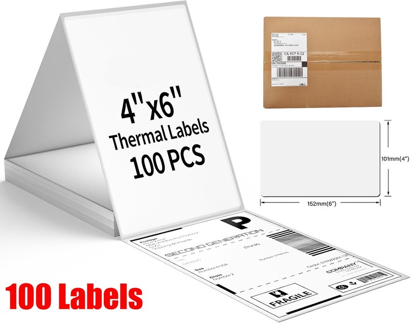 100 4"x6" Fanfold Direct Thermal Shipping Labels for Zebra and Rollo Printers