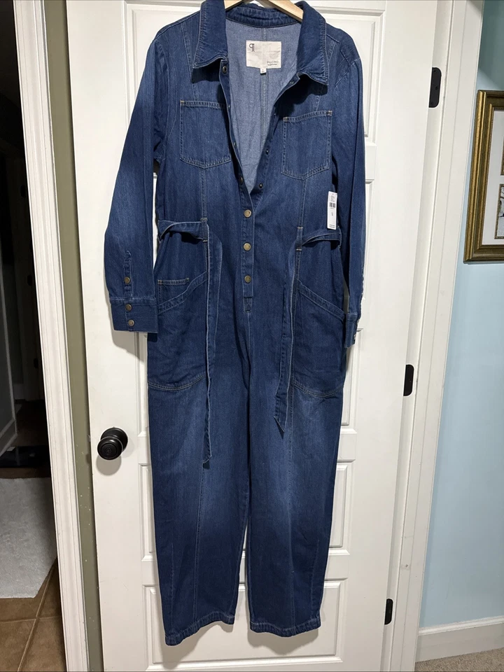 Macacão utilitário jeans relaxado Anthropologie Pilcro novo com etiquetas US$ 178 cinto azul médio M - Imagem 3 de 4