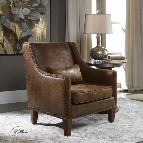 Uttermost Clay Transitional Wood Faux Leather and Foam Arm Chair in Brown - Picture 5 of 7