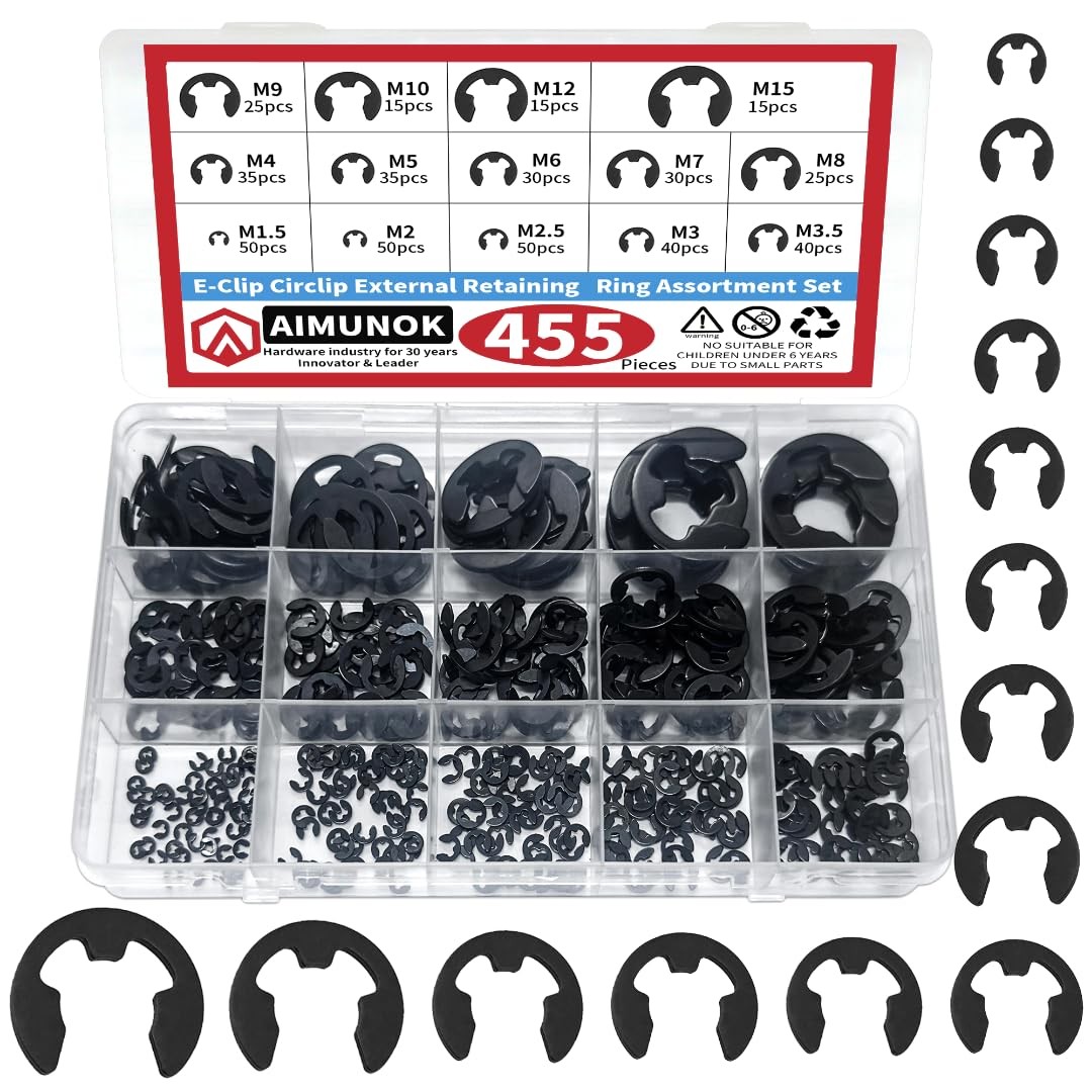 AIMUNOK 455Pcs E-Clip External Retaining Rings Snap Rings Assortment Set, Hig...