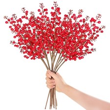 12Pcs Christmas Red Berry Stems,20" Artificial Berry Stems Branches,Burgundy ...