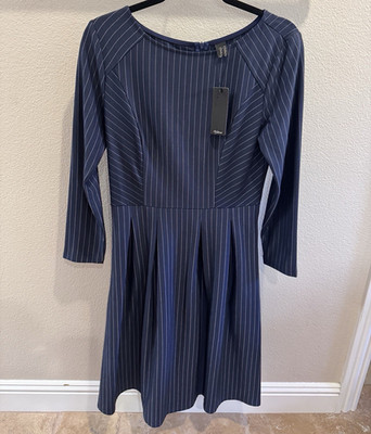 Amisu Blue Pinstripe Fit & Flare Round Neck Pleated Long Sleeve Dress L
