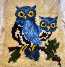 VTG Handmade 70s Mom  Baby OWLS Latch Hook Loop Rug Retro Wall Hanging MCM Boho