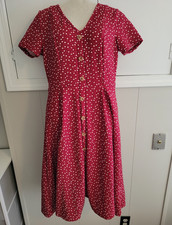 Women’s Red & White Heart Print V-Neck Button Front Midi A-Line Fit & Flare