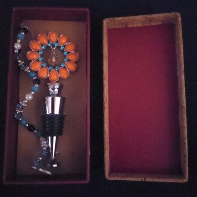 Wine Stopper Bottle Cork Bling Silver Tone Orange Turquoise Rhinestones, Elegant