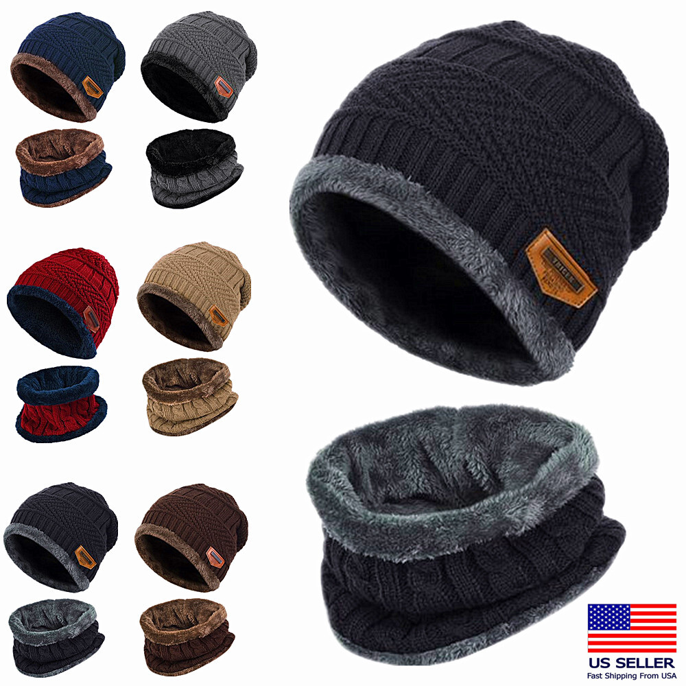 Mens Womens Winter Beanie Hat Scarf Set Fleece Knit Ski Slouchy
