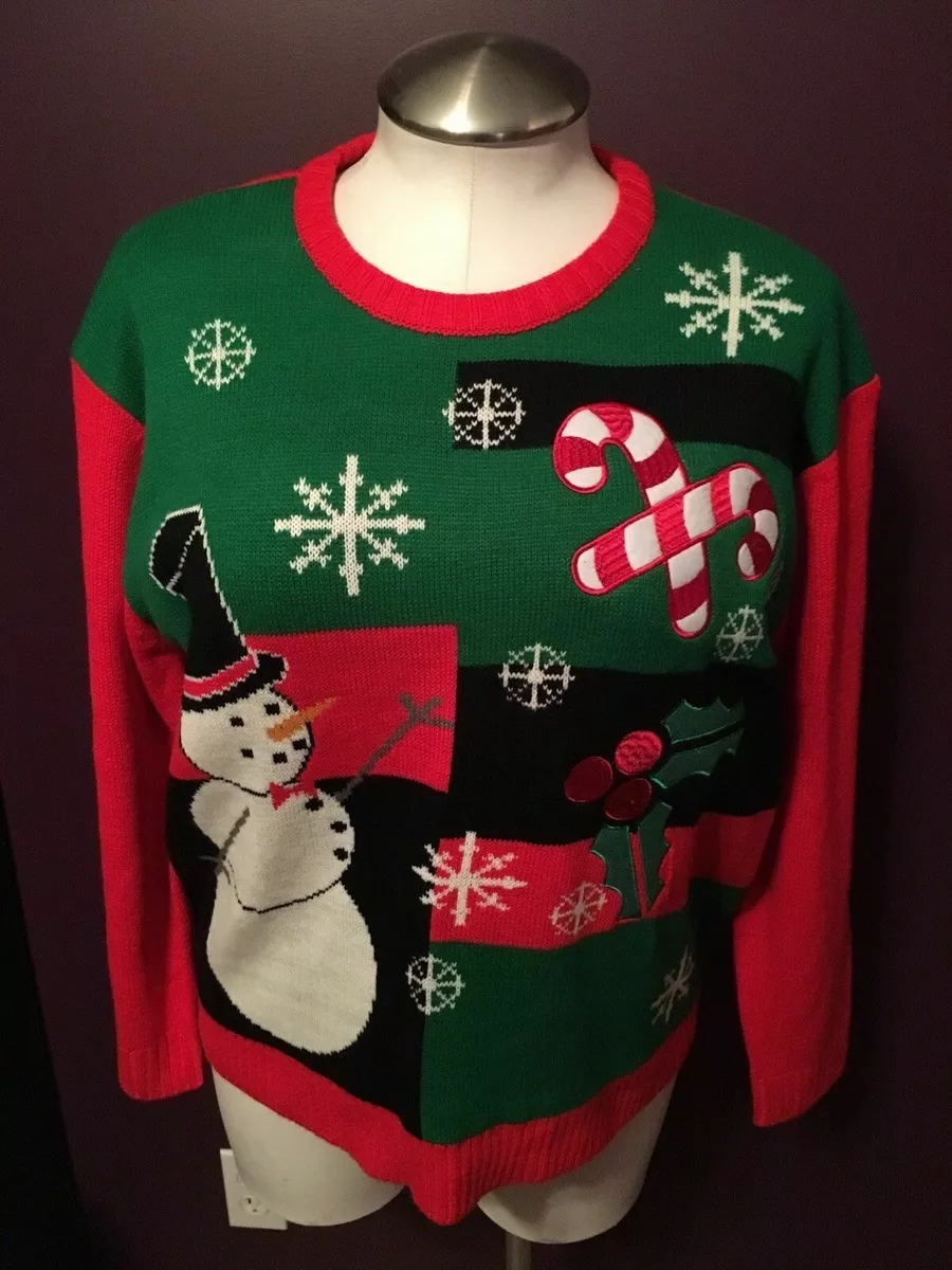 Ugly Christmas Sweater Womens Size XL Red Green Snowman Candy Cane