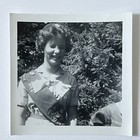 Vintage B&W Snapshot Photograph Girl Scout Squinting Eyes Badges