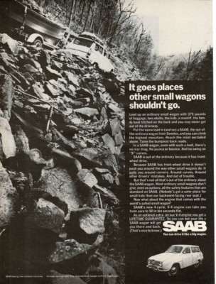 1968 SAAB 95 Station Wagon on rocky road Vintage Print Ad
