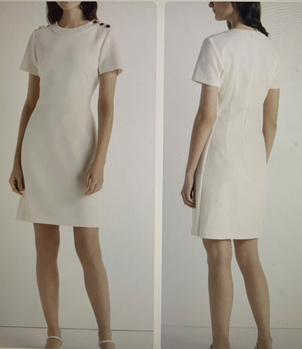 Club Monaco White Textured Sheath Dress Shoulder Gold Tone Buttons Size 4 NWT Club Monaco White Textured Sheath Dress Shoulder Gold Tone Buttons Size 4 NWT